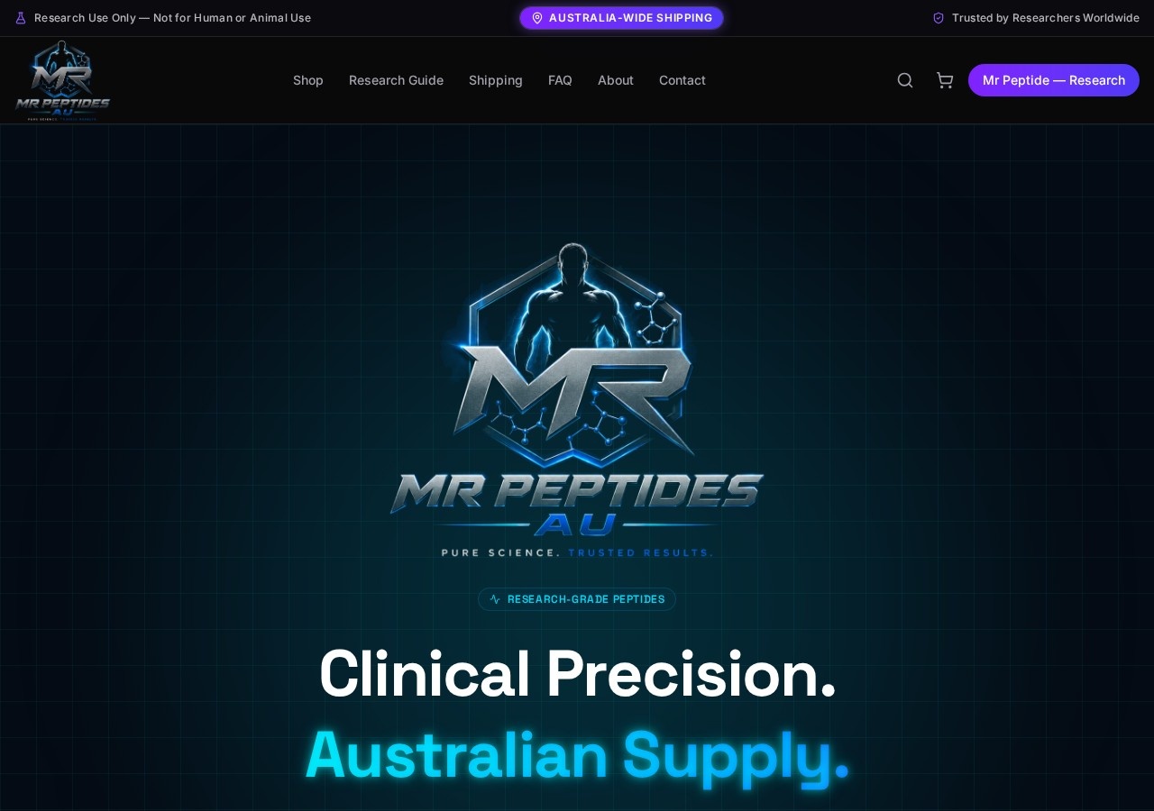 Homepage screenshot of the Mr Peptide research-peptide website (Australia).