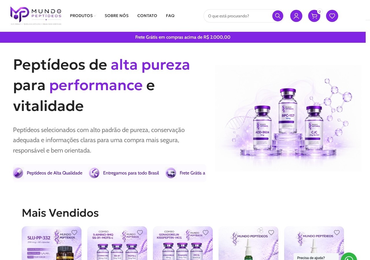 Homepage screenshot of the Mundo Peptideos research-peptide website (Brazil).