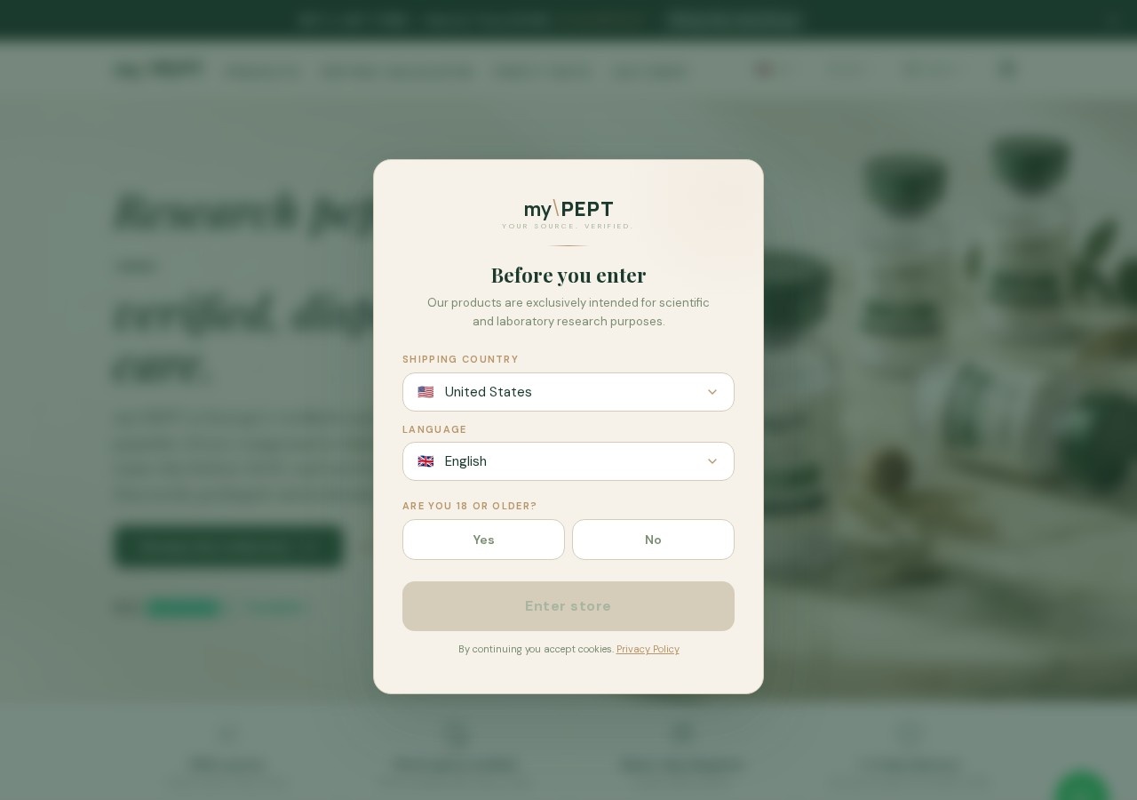 Homepage screenshot of the myPEPT research-peptide website (EU (Netherlands)).