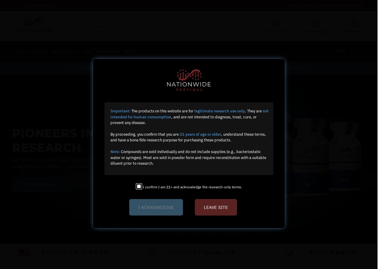 Homepage screenshot of the Nationwide Peptides research-peptide website (USA (Sevierville, Tennessee)).