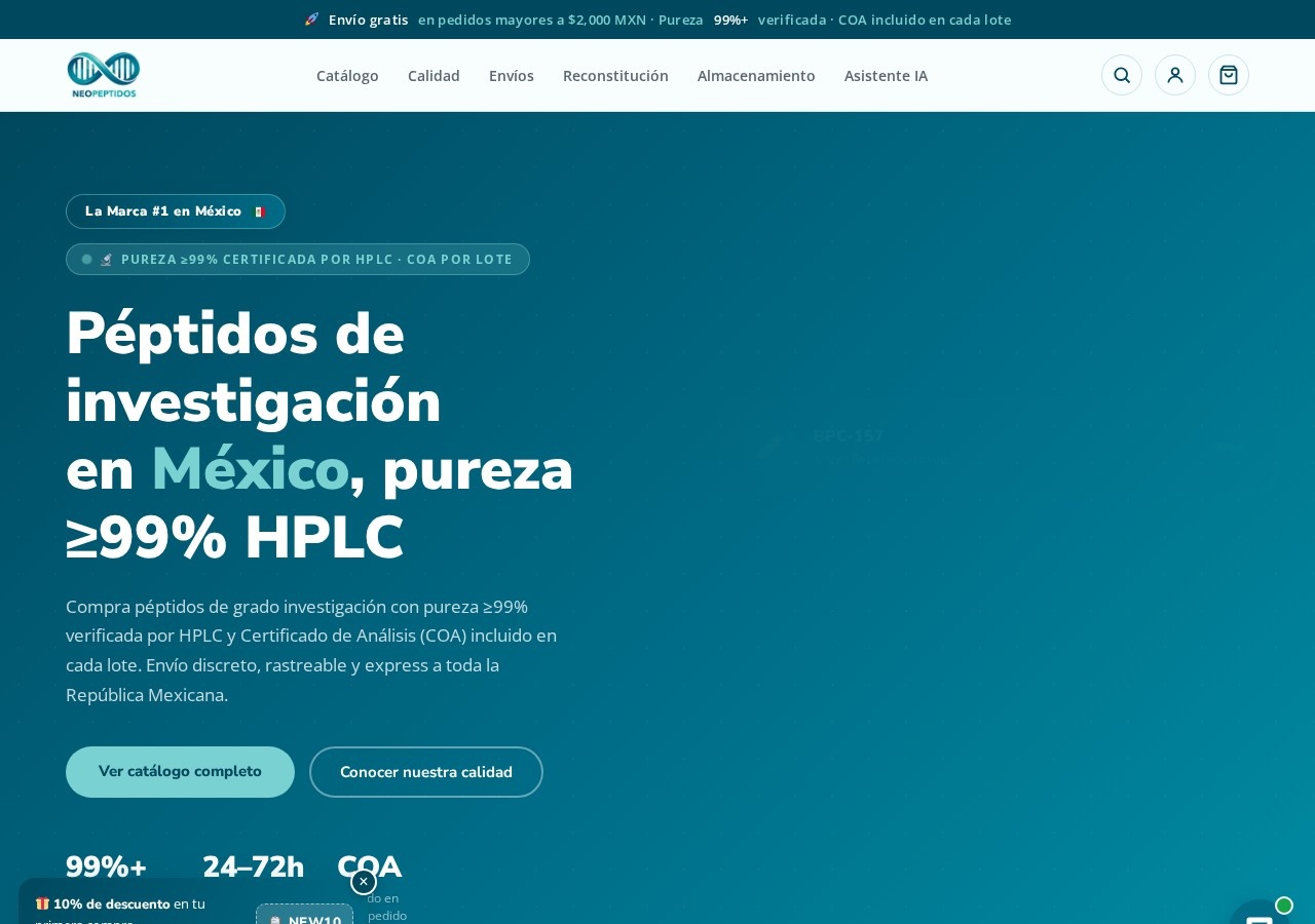 Homepage screenshot of the NeoPeptidos research-peptide website (Mexico).