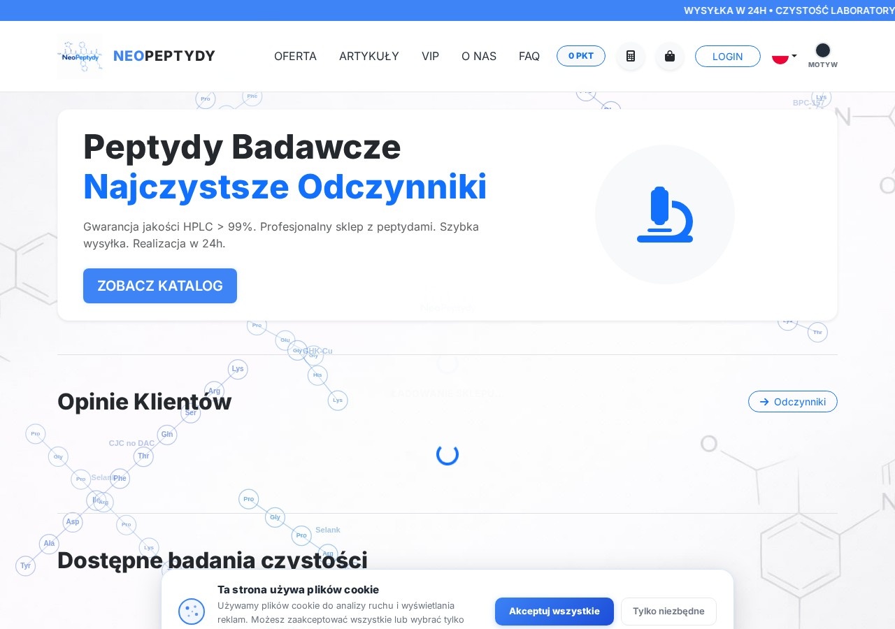 Homepage screenshot of the NeoPeptydy research-peptide website (Poland).