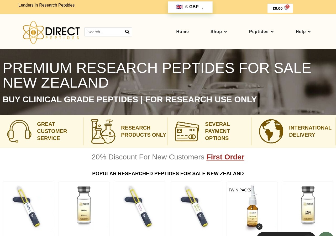 Homepage screenshot of the Direct Peptides research-peptide website (United Kingdom).