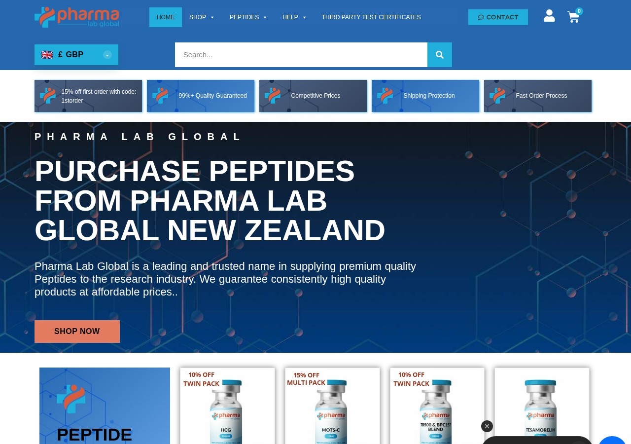 Homepage screenshot of the Pharma Lab Global research-peptide website (International (UK-origin network)).