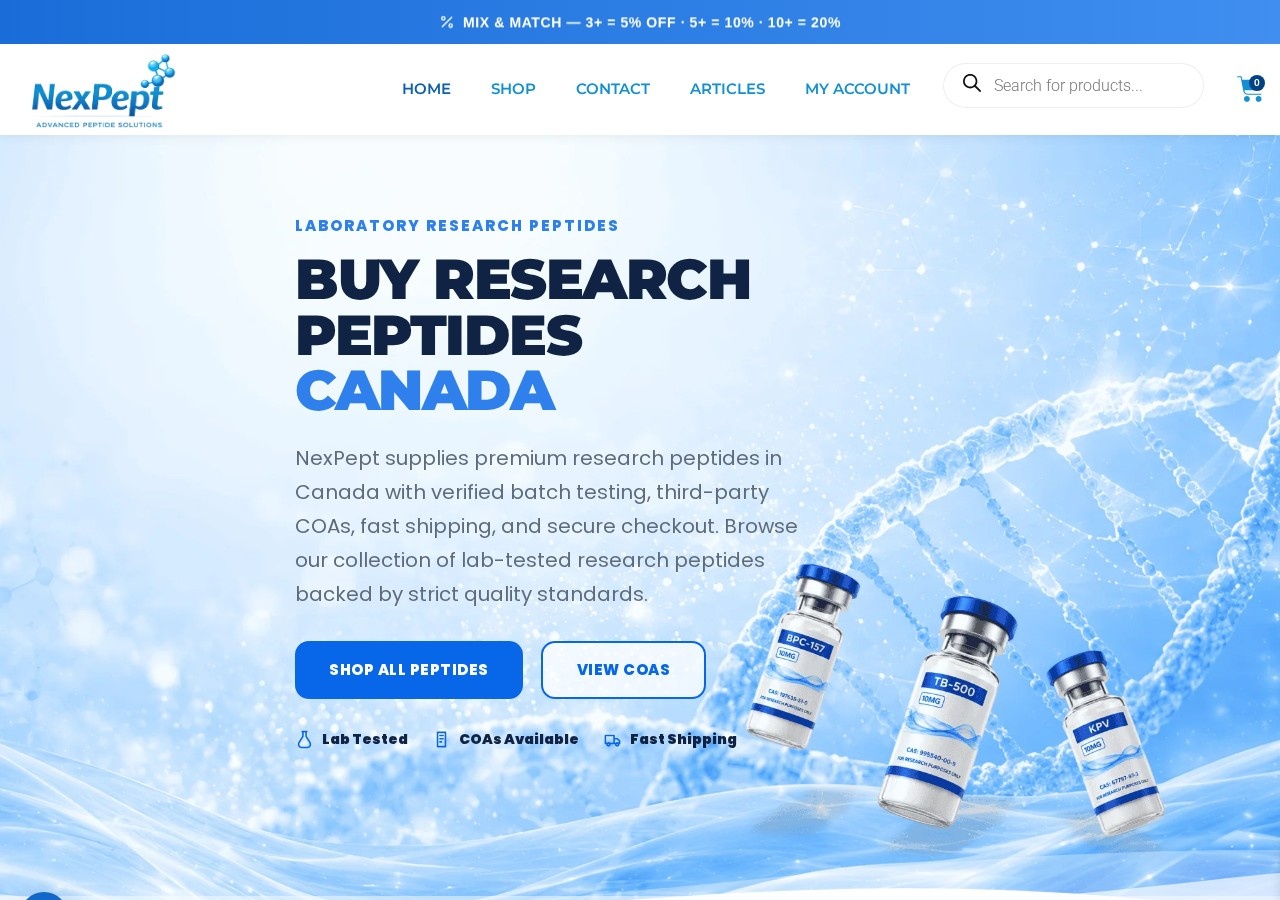Homepage screenshot of the NexPept research-peptide website (Canada (Ontario)).