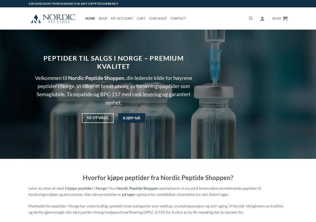 Homepage screenshot of the Nordic Peptide Shoppen research-peptide website (Norway).