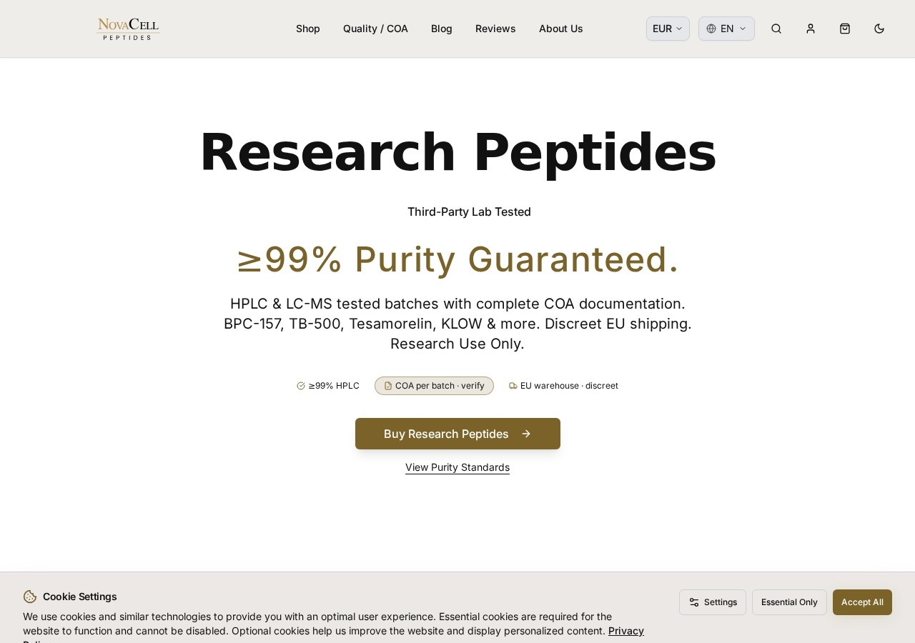 Homepage screenshot of the NovaCell Peptides research-peptide website (EU (warehouse; HQ not stated)).