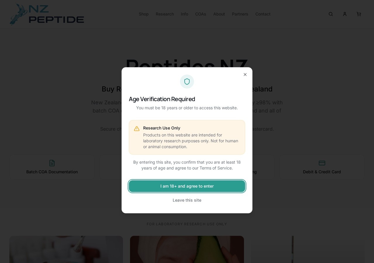 Homepage screenshot of the NZ Peptide research-peptide website (Hong Kong (registered to Global Bio Research Limited)).