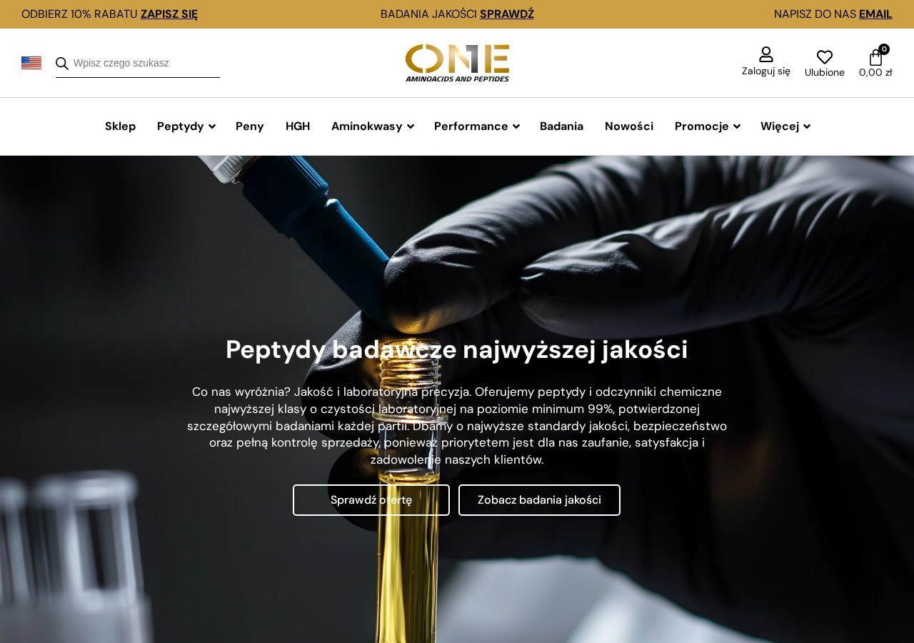 Homepage screenshot of the One Peptides research-peptide website (Poland).