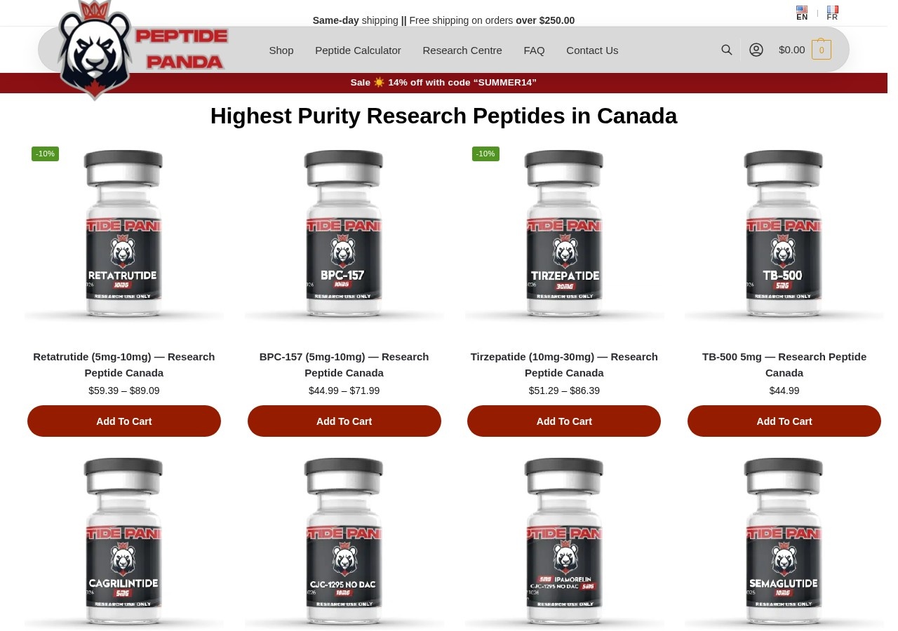 Homepage screenshot of the Panda Peptide research-peptide website (Canada (Vaughan, Ontario)).