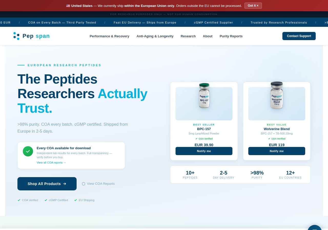 Homepage screenshot of the Pepspan research-peptide website (UK (registered London); ships from EU warehouse).