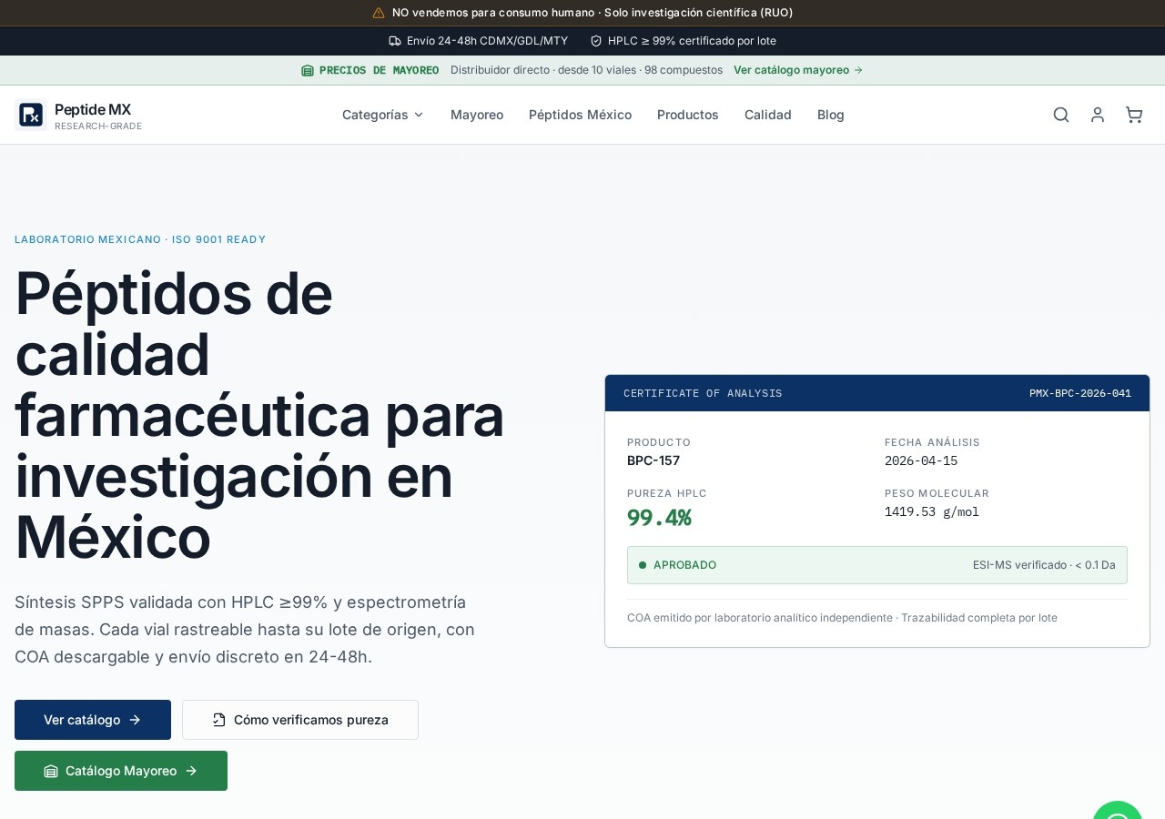 Homepage screenshot of the Peptide MX research-peptide website (Mexico (Monterrey, Nuevo Leon)).