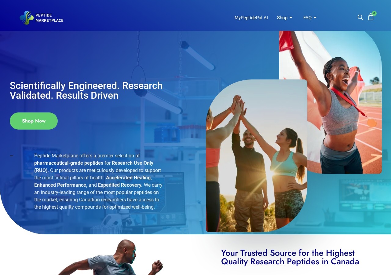 Homepage screenshot of the Peptide Marketplace research-peptide website (Canada).