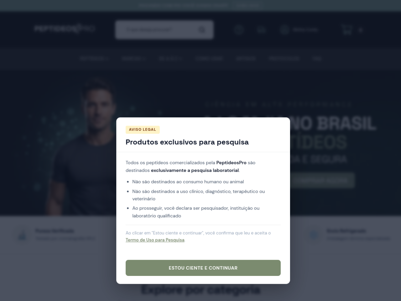 Homepage screenshot of the PeptideosPro research-peptide website (Brazil).