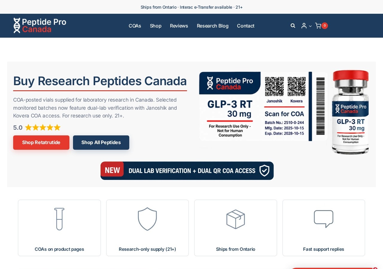 Homepage screenshot of the PeptidePro Canada research-peptide website (Canada (Ontario)).
