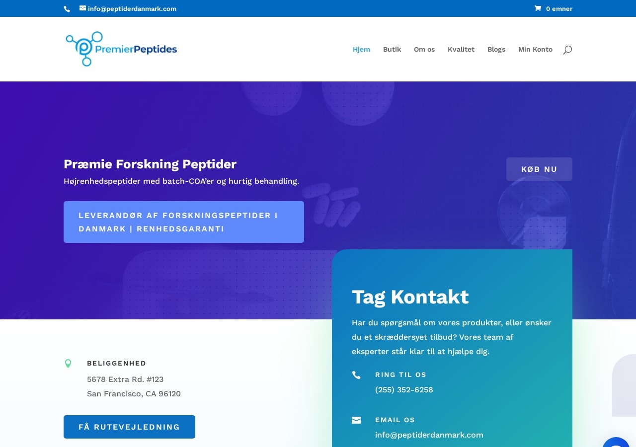 Homepage screenshot of the Peptider Danmark research-peptide website (Denmark).