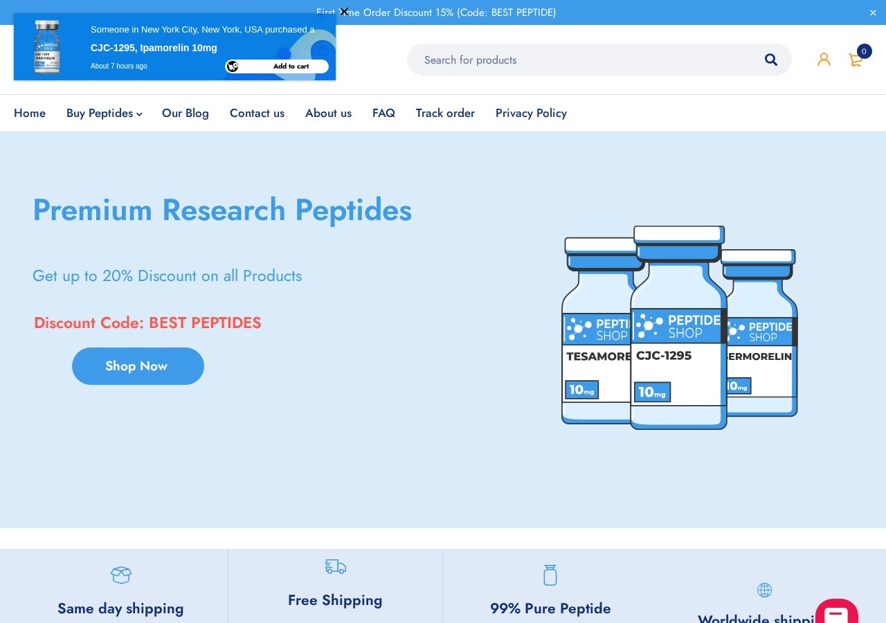 Homepage screenshot of the Peptide Shop research-peptide website (Switzerland).