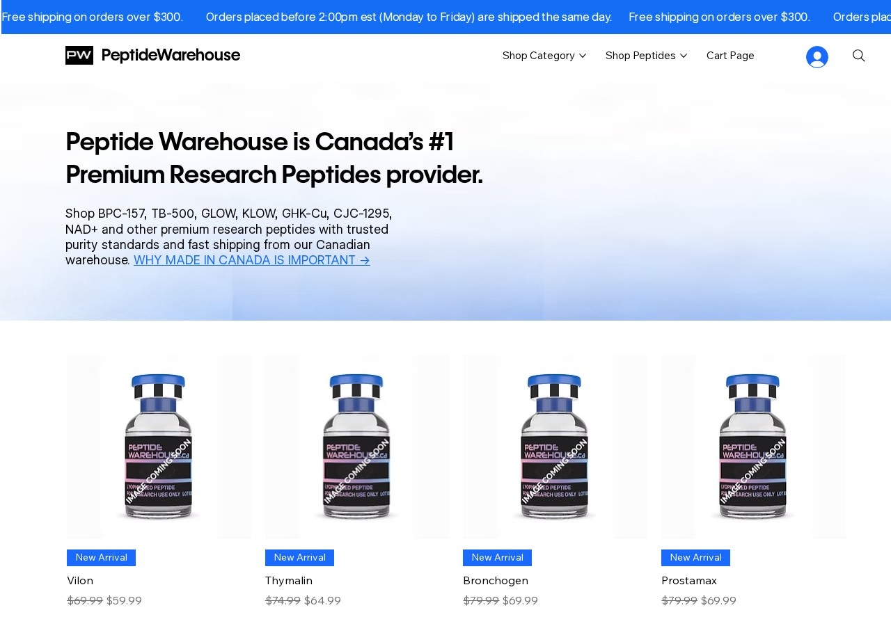 Homepage screenshot of the Peptide Warehouse research-peptide website (Canada).