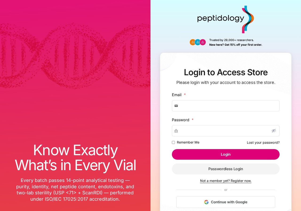 Homepage screenshot of the Peptidology research-peptide website (USA (Scottsdale, Arizona)).
