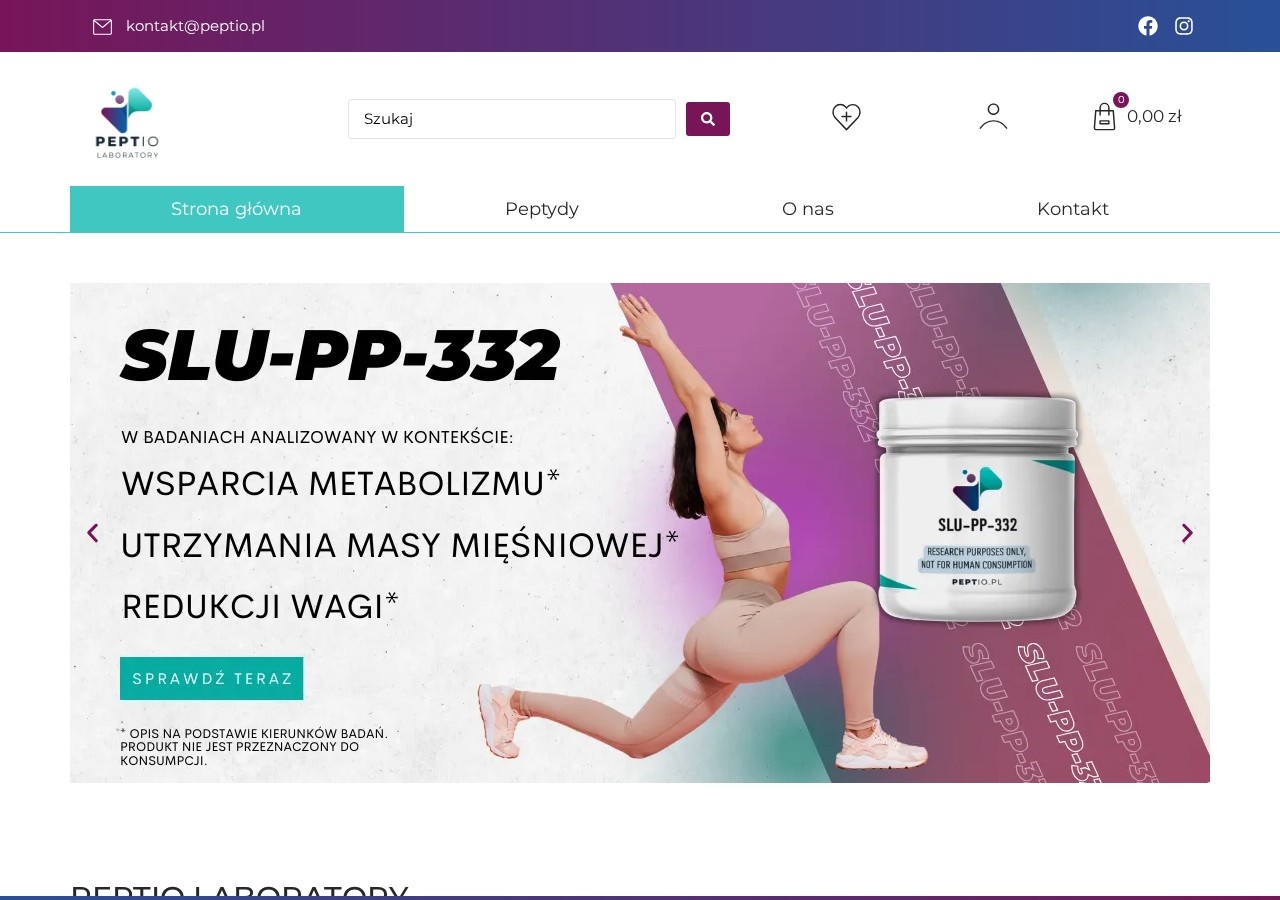 Homepage screenshot of the Peptio research-peptide website (Poland).