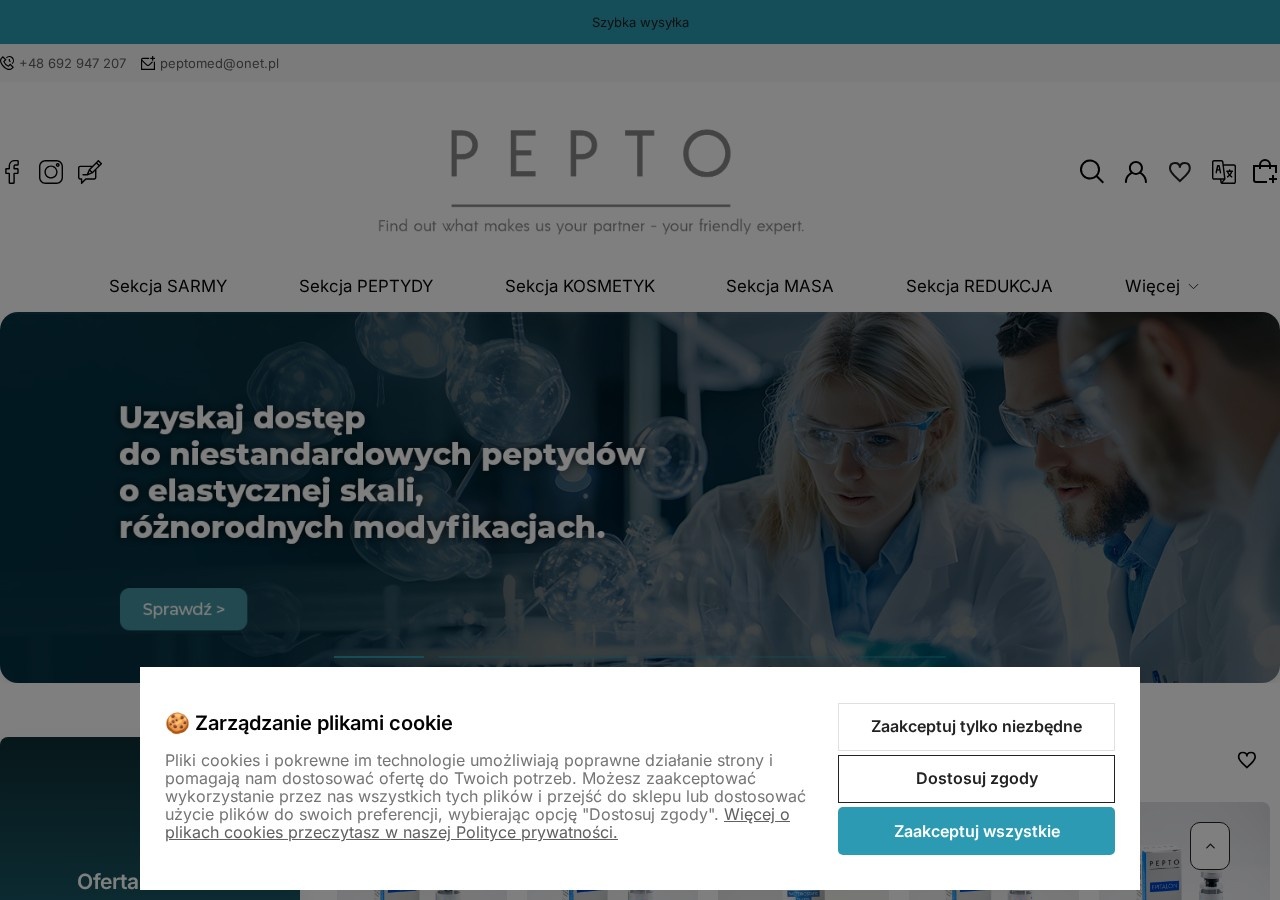 Homepage screenshot of the Pepto Med research-peptide website (Poland (PM INVEST POLAND Sp. z o.o.)).
