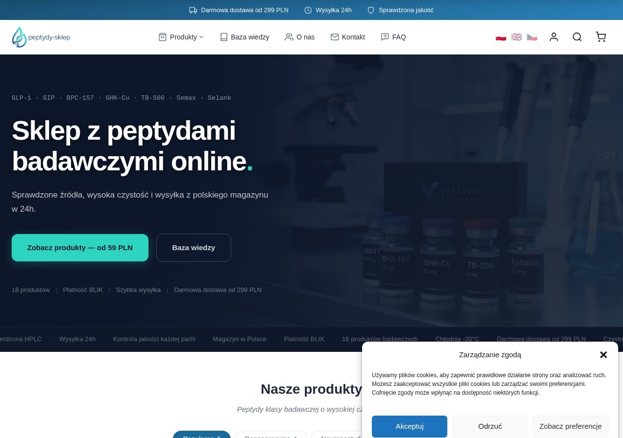 Homepage screenshot of the Peptydy Sklep (Vantaris Research) research-peptide website (Poland (Warka; Vantaris Research sp. z o.o.)).