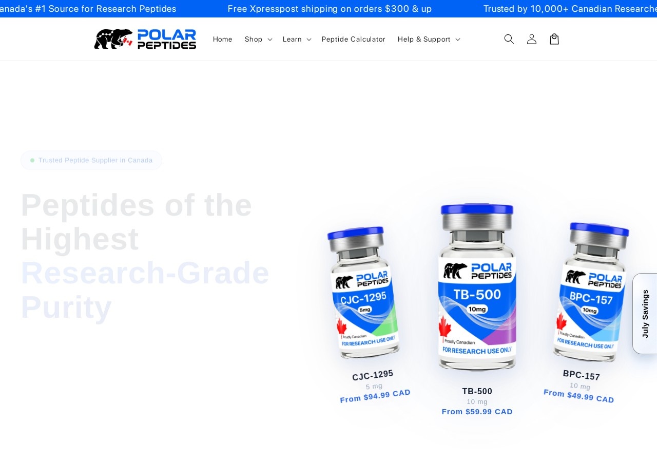 Homepage screenshot of the Polar Peptides research-peptide website (Canada).