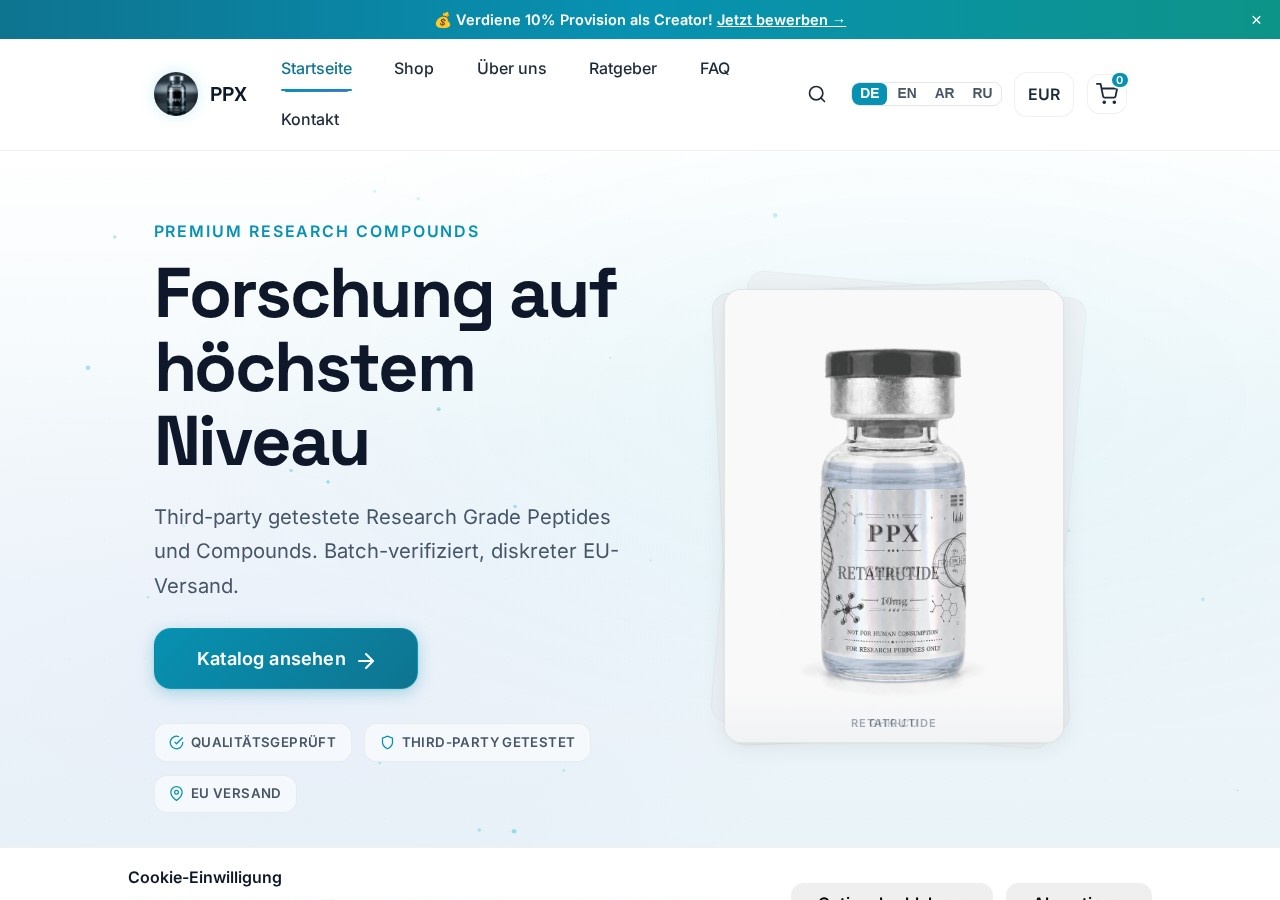 Homepage screenshot of the PPX research-peptide website (Austria (Vienna)).