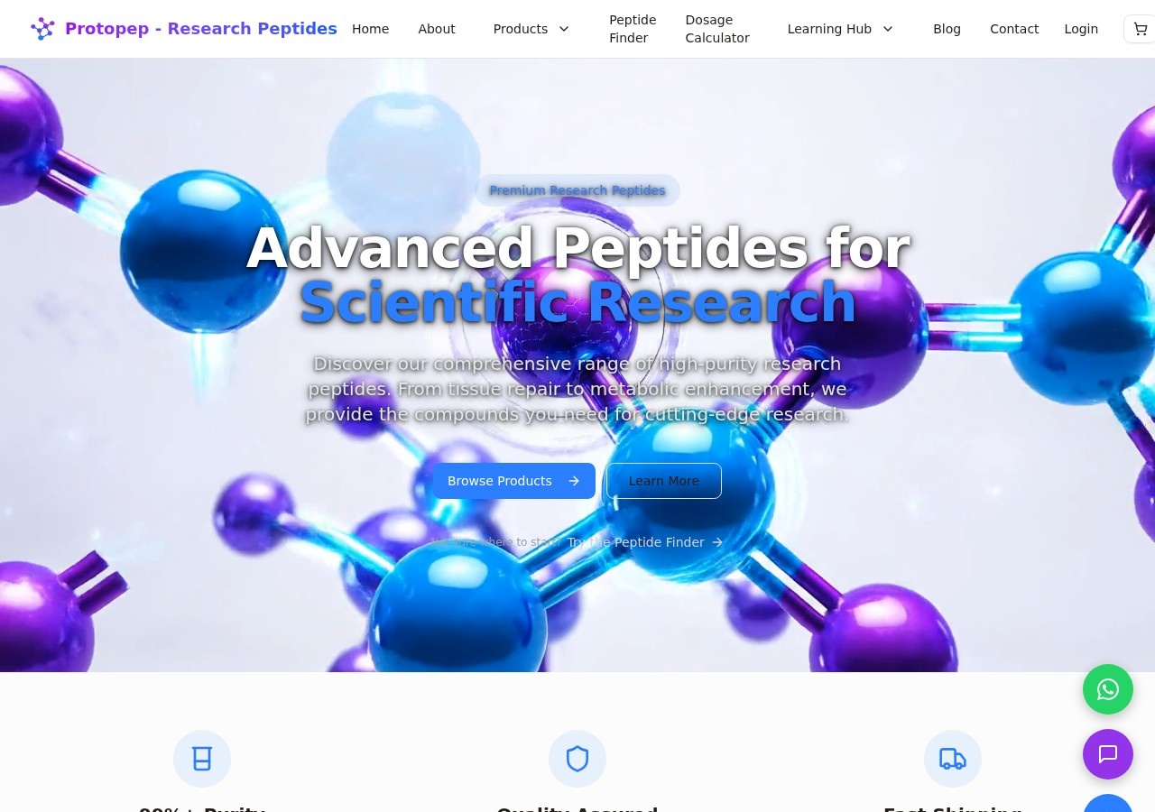 Homepage screenshot of the Protopep research-peptide website (South Africa).