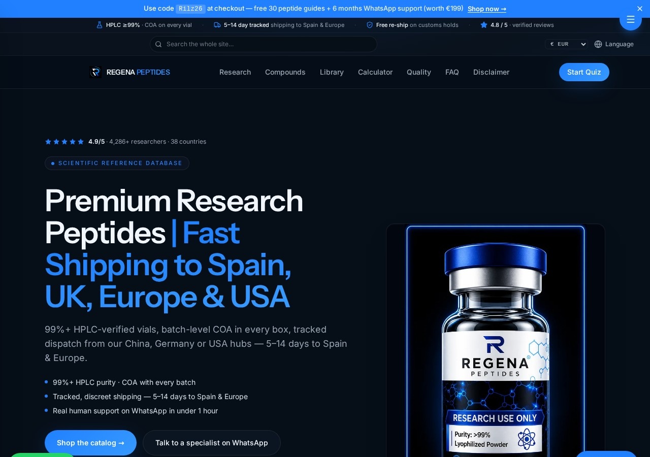 Homepage screenshot of the Regena Peptides research-peptide website (EU (Spain, Marbella)).