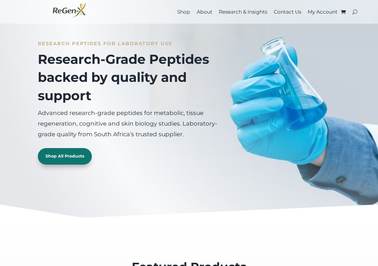 Homepage screenshot of the ReGen-X research-peptide website (South Africa (Fourways, Sandton, Johannesburg)).