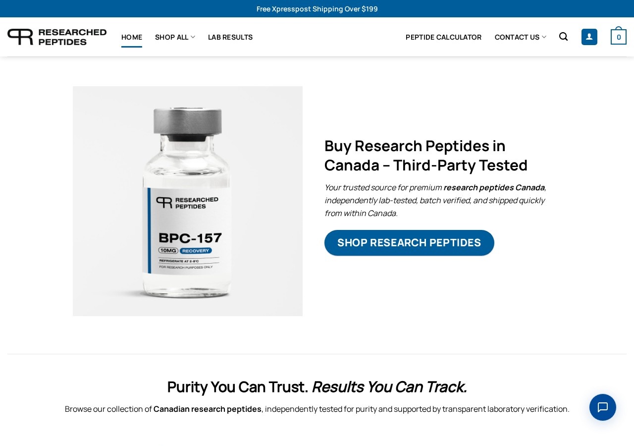 Homepage screenshot of the Researched Peptides research-peptide website (Canada (Vancouver, BC)).