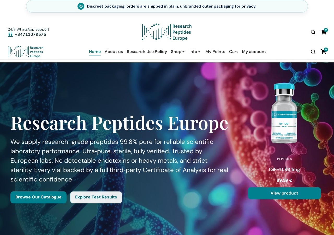 Homepage screenshot of the Research Peptides Europe research-peptide website (EU (Spain)).