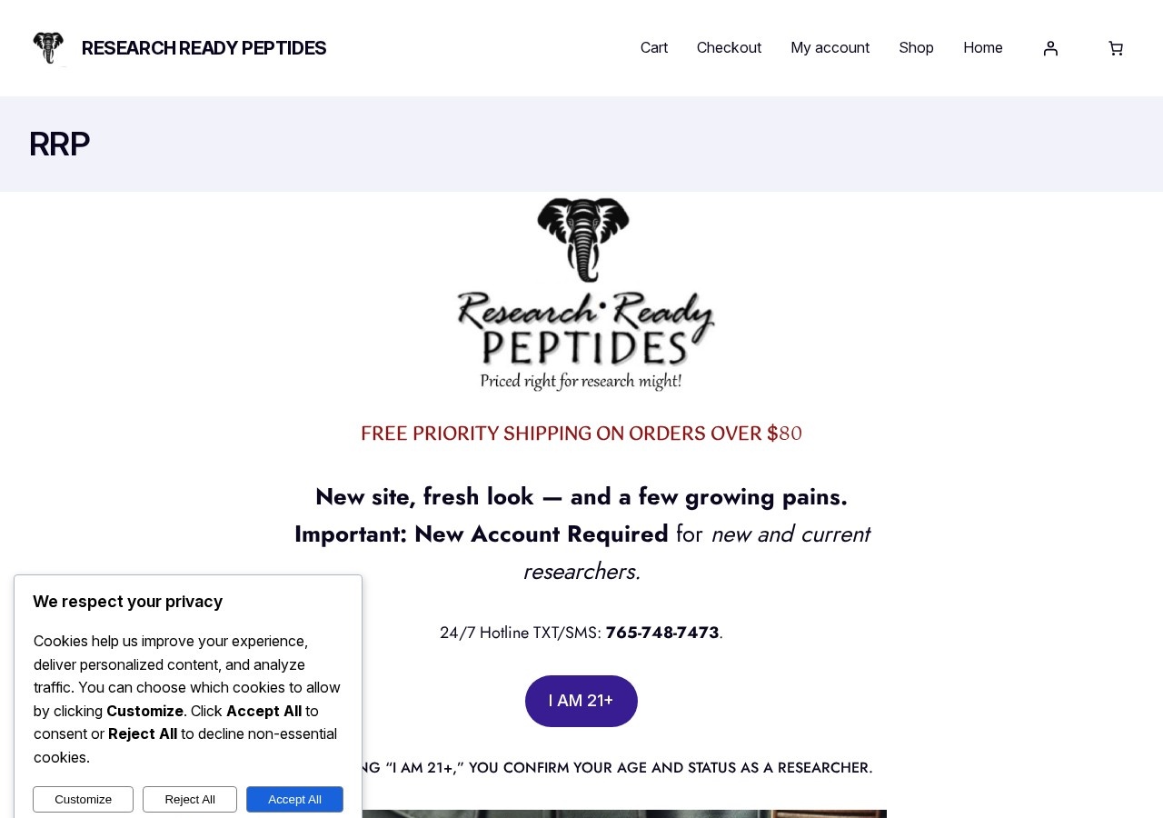Homepage screenshot of the Research Ready Peptides research-peptide website (USA (Gaston, Indiana)).