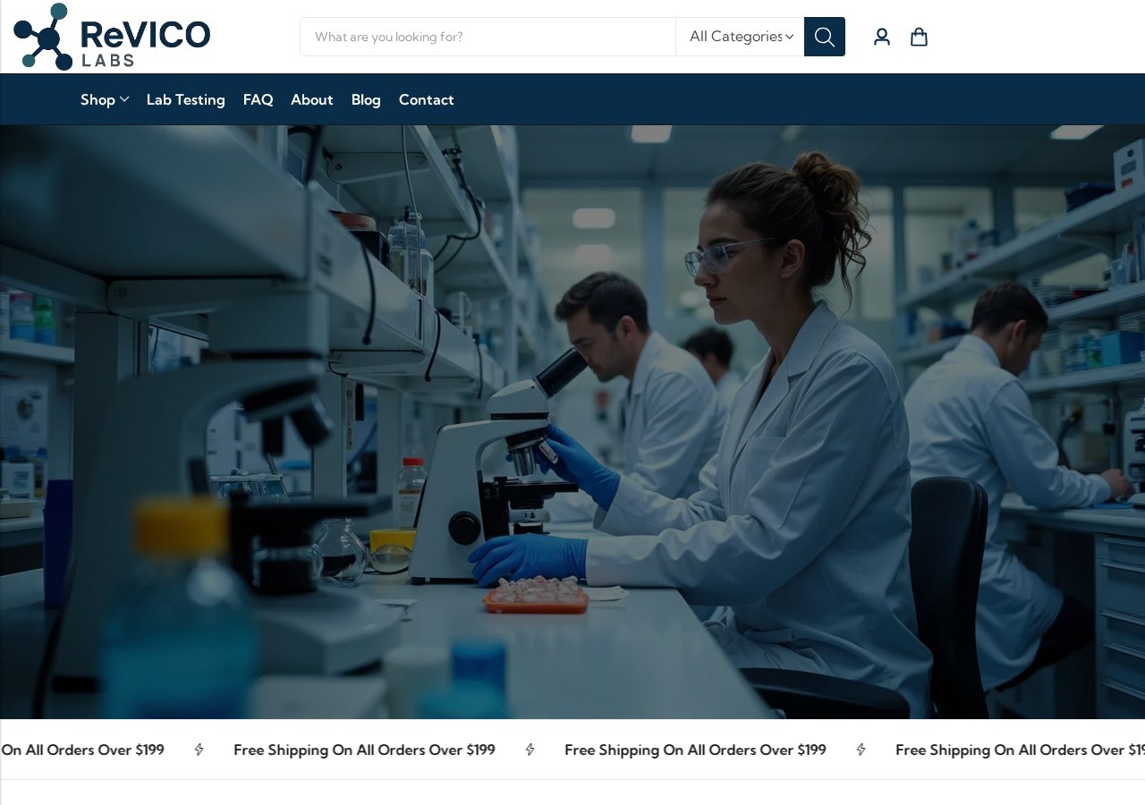 Homepage screenshot of the Revico Labs research-peptide website (Canada).