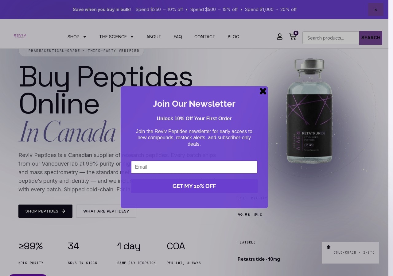 Homepage screenshot of the Reviv Peptides research-peptide website (Canada (Vancouver, BC)).