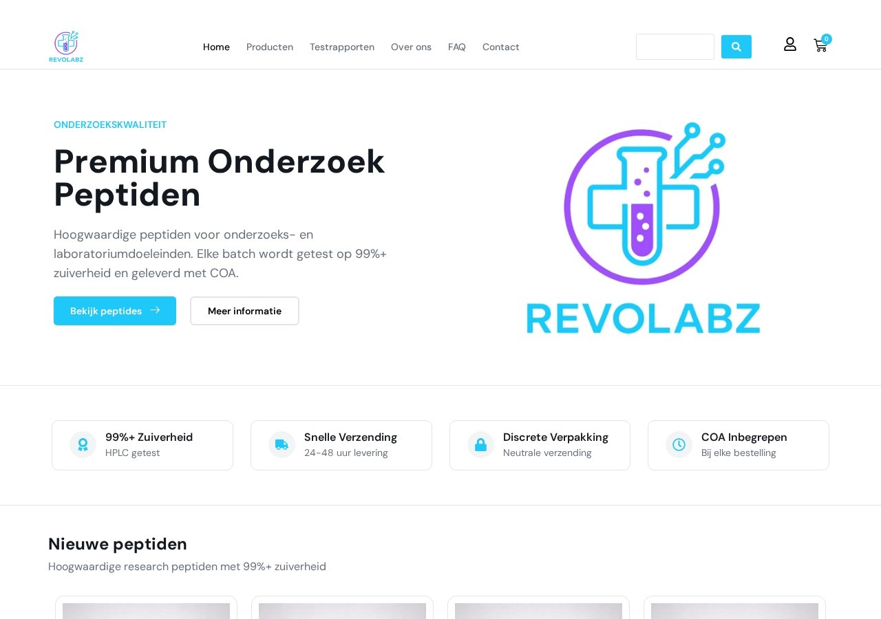 Homepage screenshot of the Revolabz research-peptide website (EU (Netherlands, Enschede)).