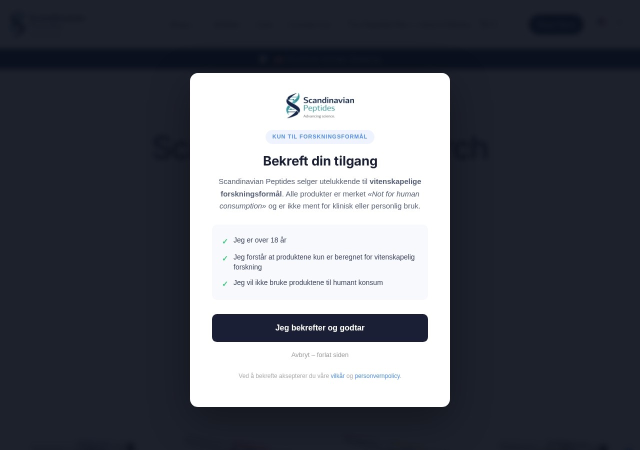 Homepage screenshot of the Scandinavian Peptides research-peptide website (Norway).