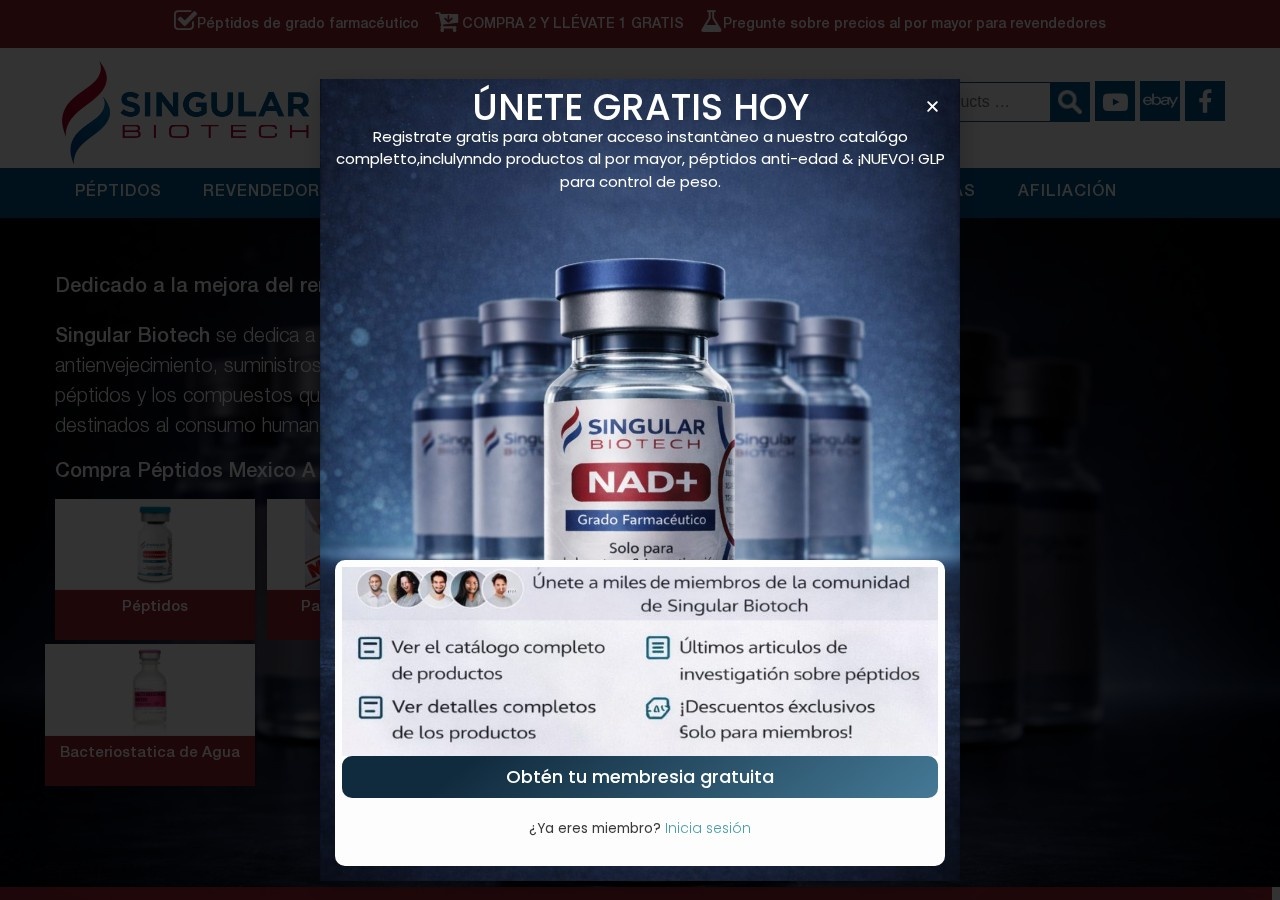 Homepage screenshot of the Singular Biotech research-peptide website (Mexico / United States (unclear)).