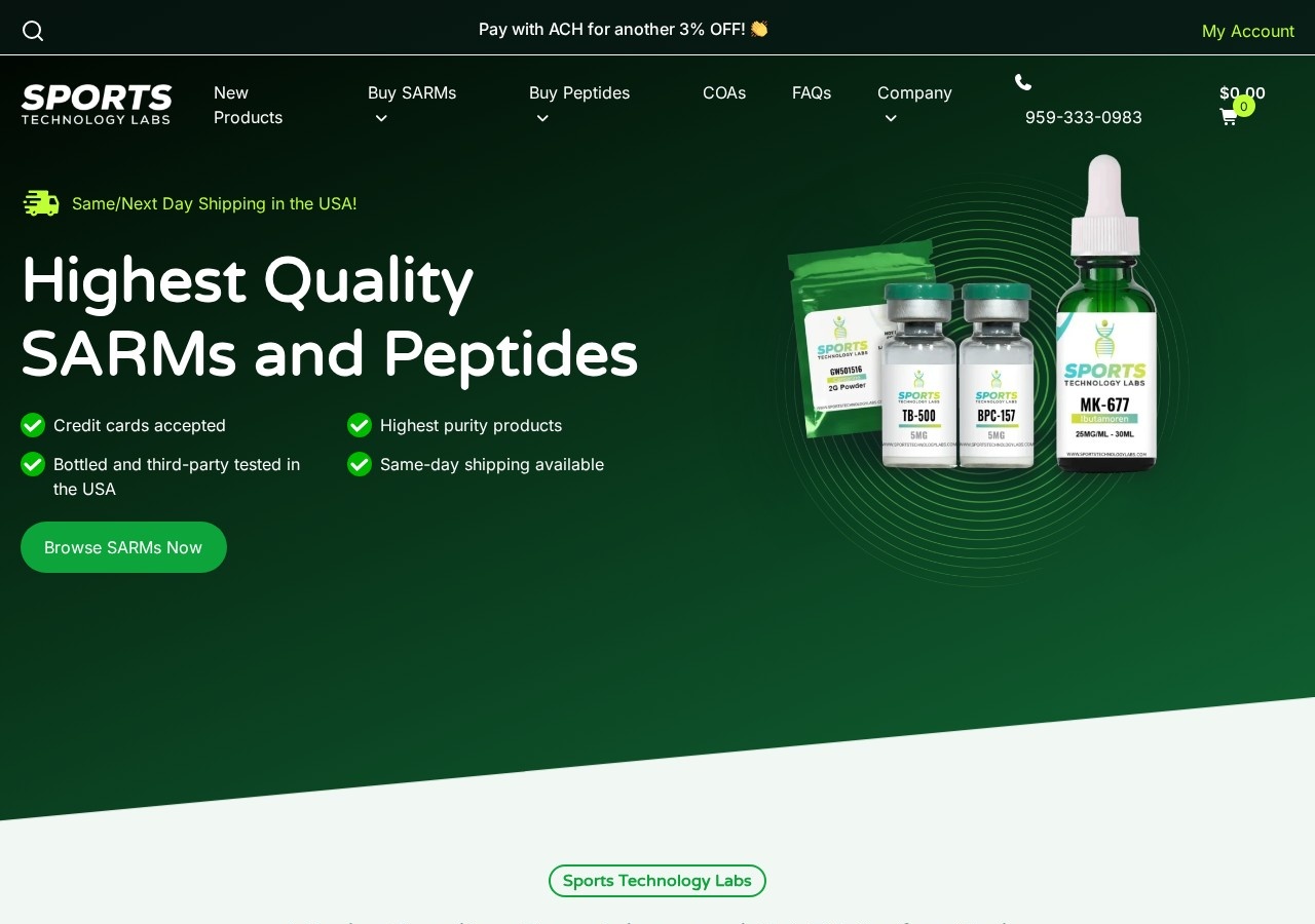 Homepage screenshot of the Sports Technology Labs research-peptide website (USA (Shelton, Connecticut)).
