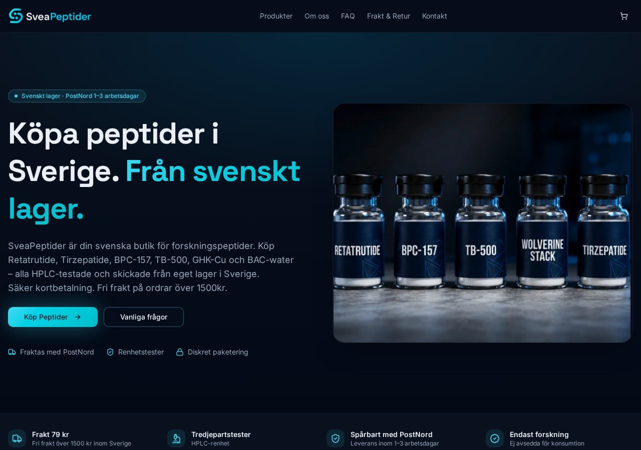 Homepage screenshot of the SveaPeptider research-peptide website (Sweden).