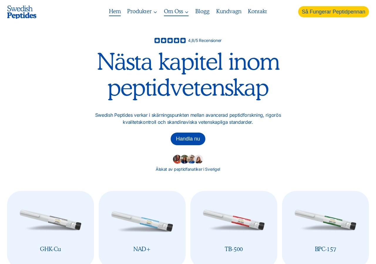 Homepage screenshot of the Swedish Peptides research-peptide website (Sweden).