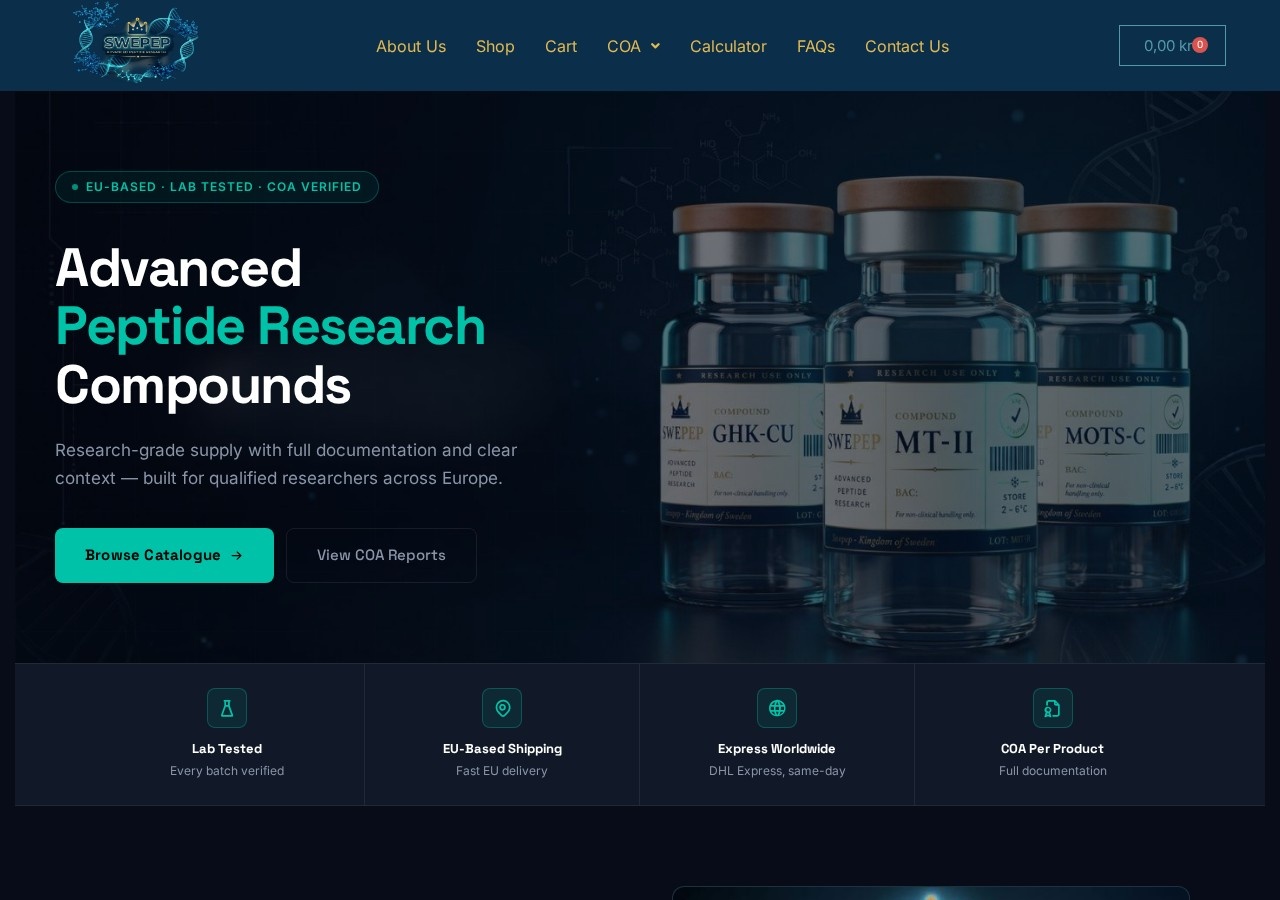 Homepage screenshot of the Swepep research-peptide website (Sweden).