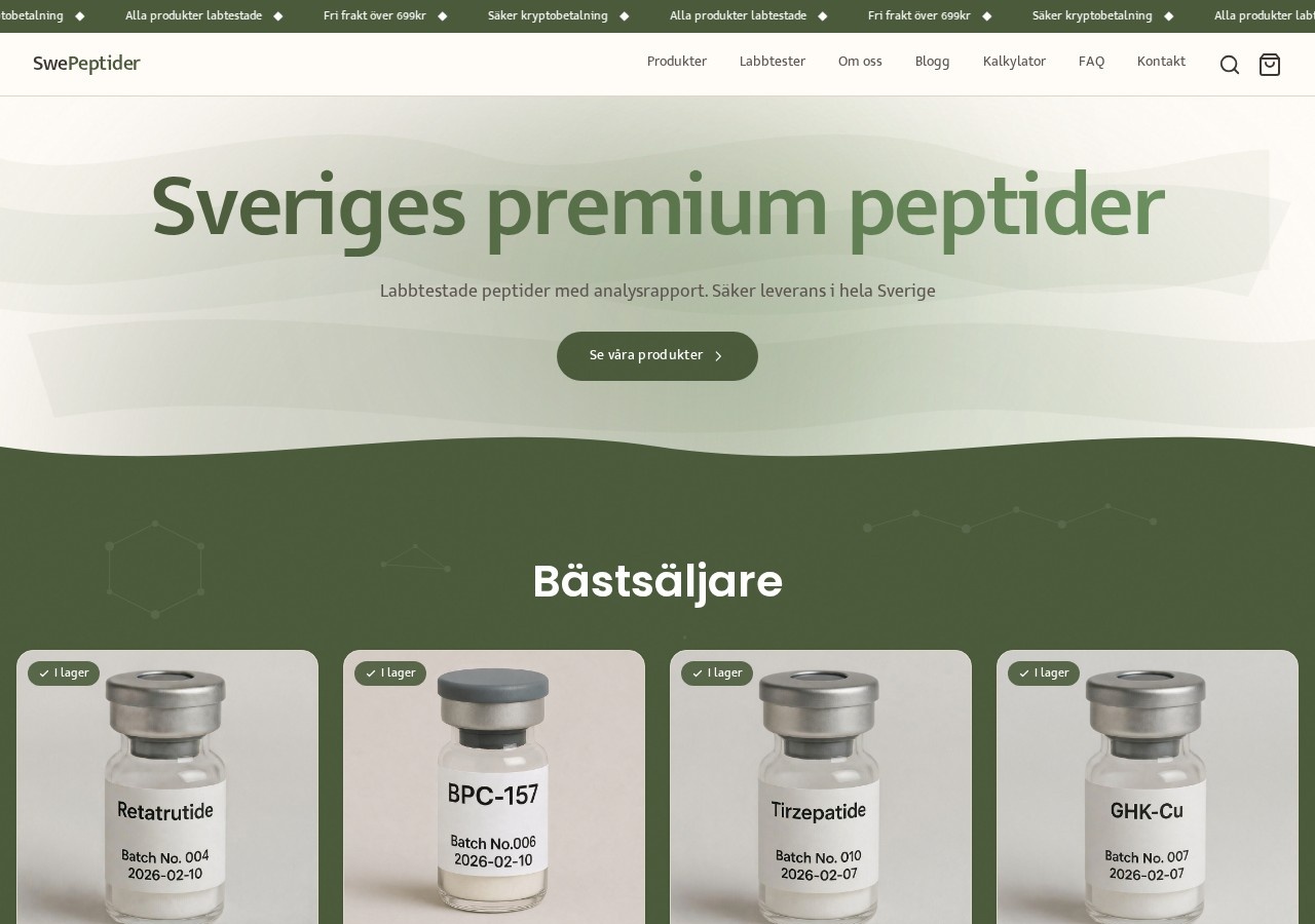 Homepage screenshot of the SwePeptider research-peptide website (Sweden).
