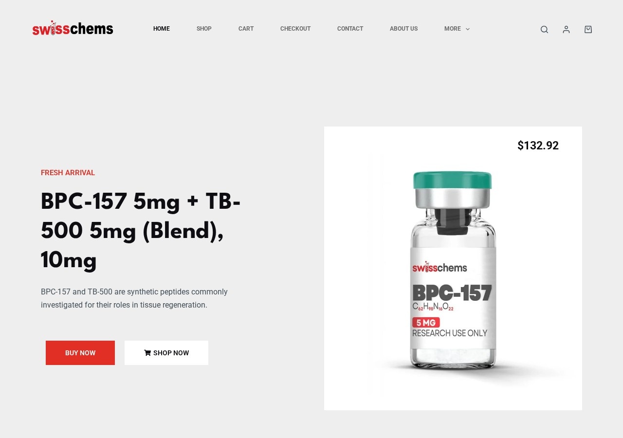 Homepage screenshot of the Swiss Chems research-peptide website (USA (Massachusetts address listed)).