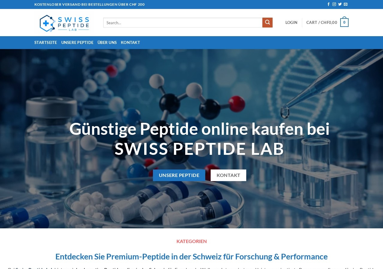 Homepage screenshot of the Swiss Peptide Lab research-peptide website (Switzerland).