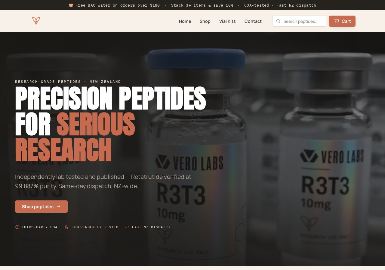 Homepage screenshot of the Vero Labs research-peptide website (New Zealand).