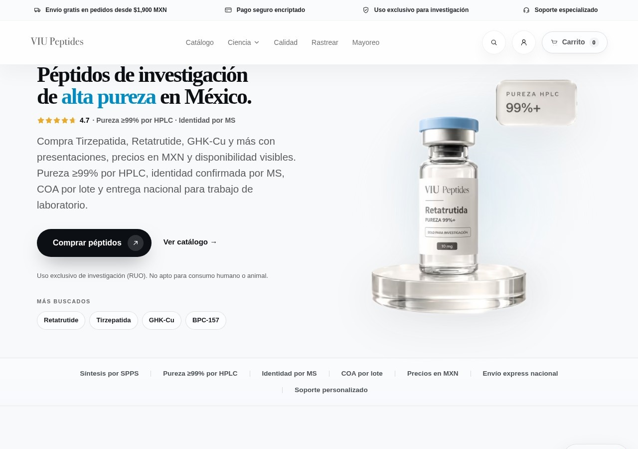 Homepage screenshot of the ViuPeptides research-peptide website (Mexico (Hermosillo, Sonora)).